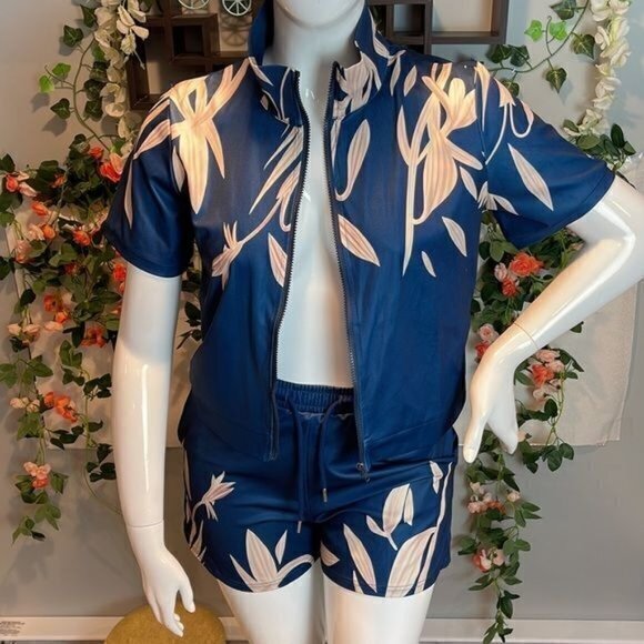 Plant-Print‎ Zip-Front Top And Drawstring Shorts Set Large RefI016 - Picture 6 of 11